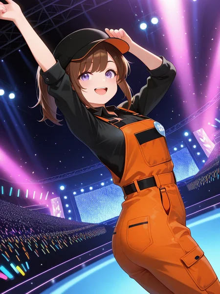 <lora:IL_Zenseki_Ren:1>,fl_z,Zenseki Ren,1girl,solo,ponytail,brown hair,purple eyes,orange overall,black cap,open smile,arm up,twisted torso,dutch angle,cowboy shot,black collared shirt,looking at viewer,glowstick,
stage,concert,stage lights,audience,spotlight,, masterpiece,best quality,amazing quality,very aesthetic,absurdres,