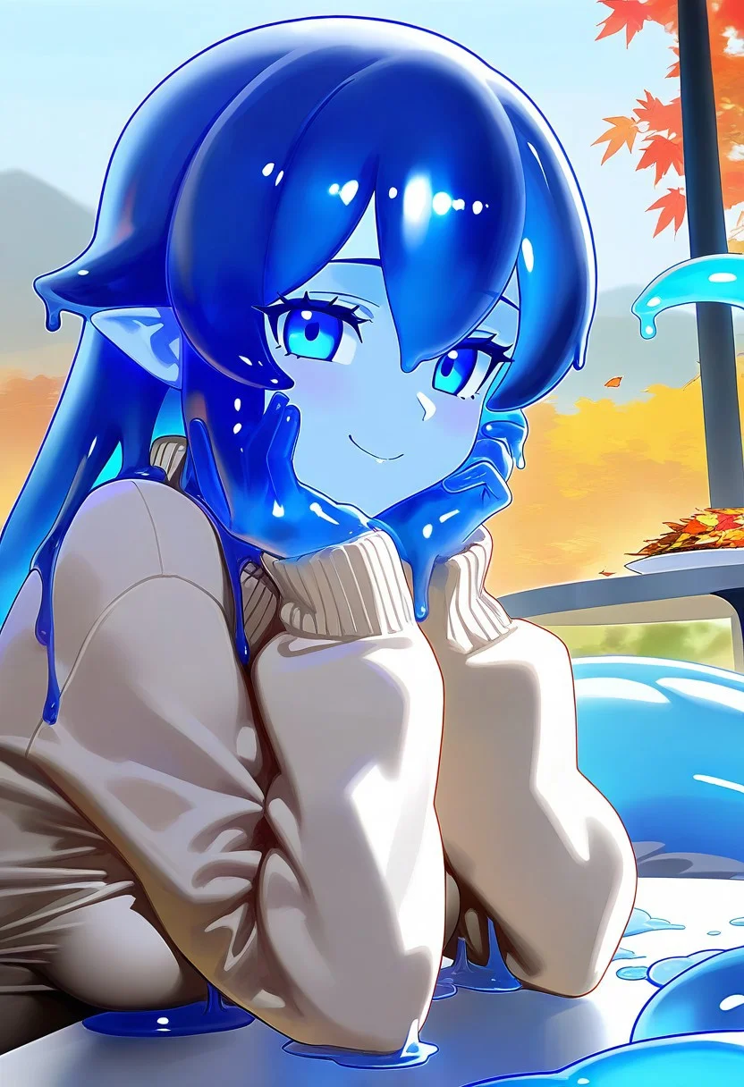 1girl, (slime girl), (lamia), (colored skin), (blue skin), blue eyes, blue hair, blue tail, slimy hair, slimy skin, clear tail path, slimy tail, dripping slime, medium breasts, <lora:nyalia_NoobXL:1>, nyalia, outdoors, autumn, beige sweater, table, head on hands, looking at viewer, smile