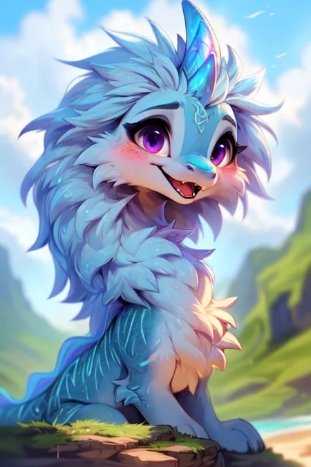 award winning photography, wildlife photography,
sisu, (dragon face), dragon, asian dragon, cute-fine-face, highly detailed face, 
(furry chest), (detailed and extremely fluffy body fur), glossy eyes, 
cute, young, blushing, (glossy fur), (iridescent fur), fluffy mane, short neck, (small head:0.5),  fangs, 
sitting, happy, low angle,
uploaded on e621, by ulitochka, by castitas, by dagasi,
<lora:sisu:0.7>,  purple eyes, mane, (short tail), long body, horn,
<lora:FurryCore:0.5>,
<lora:dragon:0.5>,
at the beach, sunshine, volumetric lighting,
(ambient light on the body), Ray tracing,
cinematic composition, concept art, highly detailed, 
((masterpiece)), best quality, realistic, intricate, (high detail:1.2), 
film photography, sharp focus,