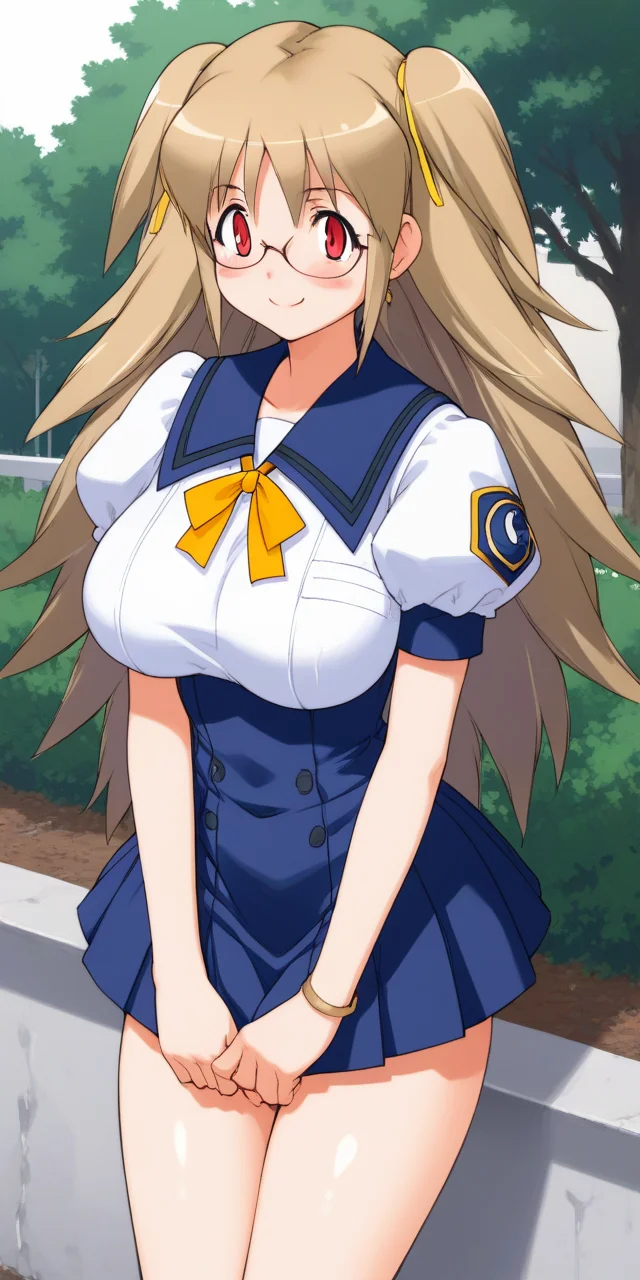 score_9, score_8_up, score_7_up, source_anime,
1girl, solo, from front, looking at viewer,
at school, outdoors,
<lora:otome_diol_04LP-000006:1>,
otome_diol, long hair, two side up, blush, blonde hair, red eyes, glasses, huge breasts,
school uniform, short sleeves, blue skirt, puffy sleeves, yellow ribbon,
smile