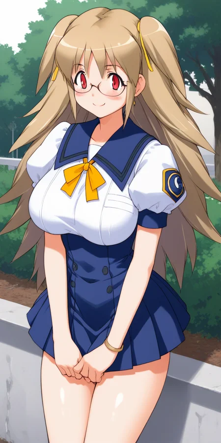 score_9, score_8_up, score_7_up, source_anime,
1girl, solo, from front, looking at viewer,
at school, outdoors,
<lora:otome_diol_04LP-000006:1>,
otome_diol, long hair, two side up, blush, blonde hair, red eyes, glasses, huge breasts,
school uniform, short sleeves, blue skirt, puffy sleeves, yellow ribbon,
smile