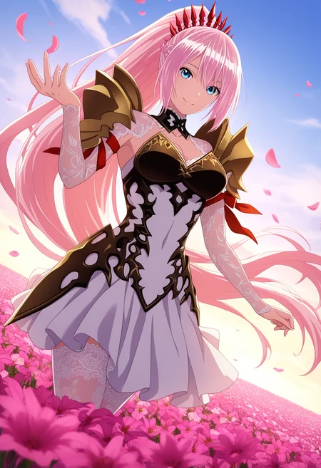 1 girl, solo, shionne imeris, pink hair, long hair, ponytail, blue eyes, noble scarlet, white dress, armor, pauldrons, headpiece, red ribbon, lace stocking, flower field, flowing petal, smile, one hand raised, inviting, sky, dutch angle, depth of field, from below, masterpiece, best quality, amazing quality, very aesthetic, absurdres, (scenery, volumetric lighting)