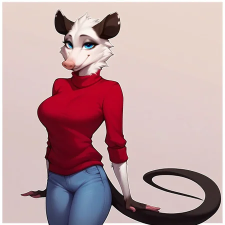 digital_media_(artwork) hi_res, score_9, score_8_up, score_7_up, score_6_up, score_5_up, score_4_up, 1girl, feminine, female, furry, anthro, slim, slender, very large breasts, smile, leaning toward viewer, detailed sexy eyes, detailed sexy hair, pretty face, long sweater, denim jeans, heather, possum girl, white fur, blue eyes