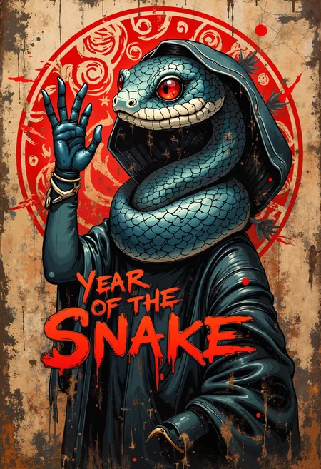 bo-snake, a oil paint on canvas of a world of mystical anime snake, dark fantasy, eye-catching text saying "Year of the Snake," Smudged paint and scratches add a sense of decay and asia technology.<lora:boFLUX Year of the Snake.safetensors:1.0:1.0>
