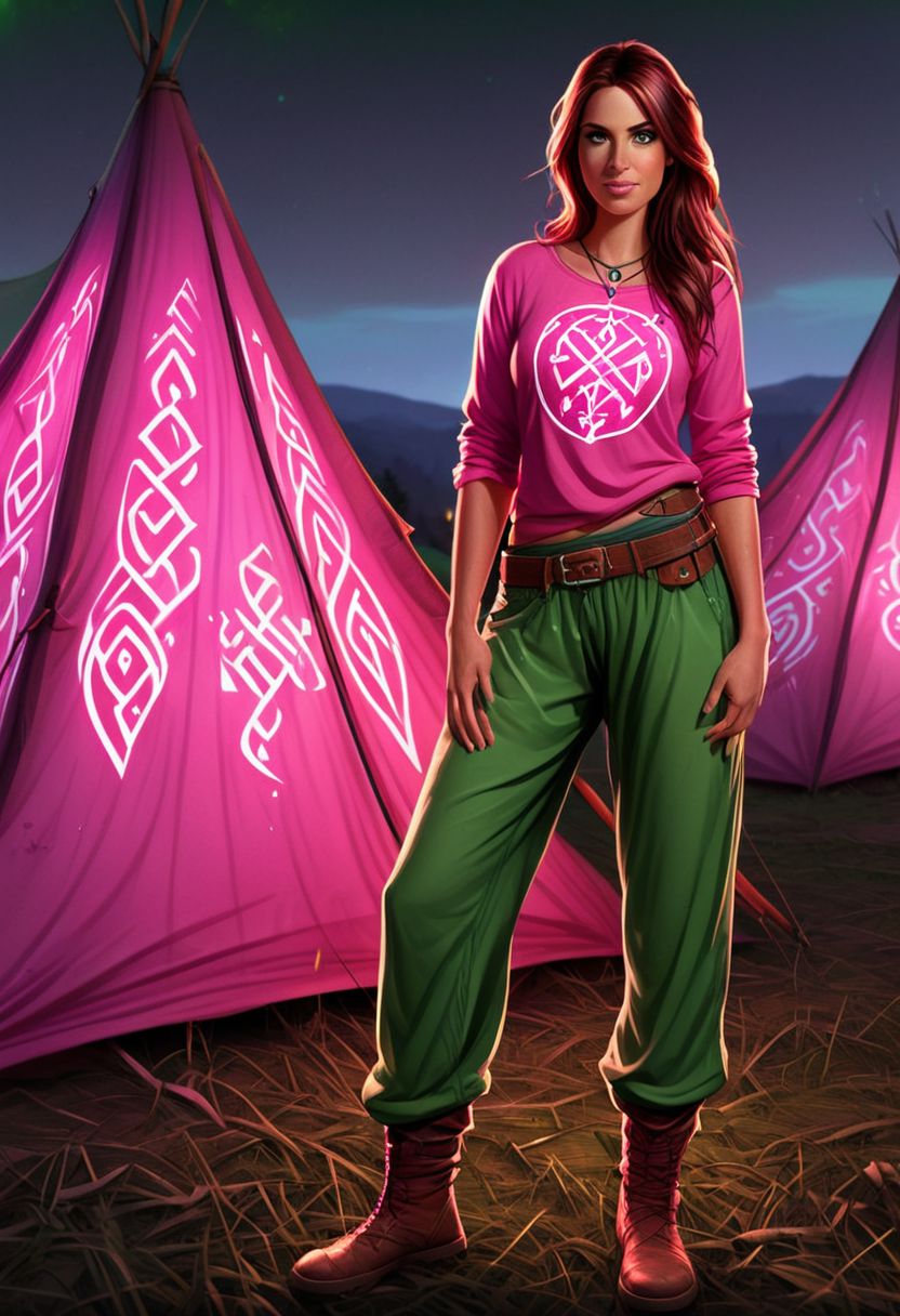 1woman, front and back, Flashfire glowing runes, digital art, cartoony realism, Loose Green pants, flowing Pink top, background is nomadic tents