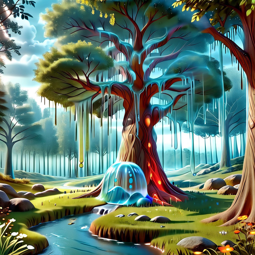 a forest made out of slime, dense-forest, Yggdrasil, a vast tree made out of slime, A large tree made out of slime, brown slime tree, translucent tree, transparent tree, 
everything made of slime, No simple background, ((slime tree)), detailed leaves, detailed bark texture, 
overcast sky, natural light, no bright spots, 
((translucent slime)), ((transparent slime)), (bioluminescent slime), sl1m3, slime, slime-morph, ais-blmn, saturated colors, no creatures, no monsters, no pokemon, scenery only, scenery, ral-lava, watce