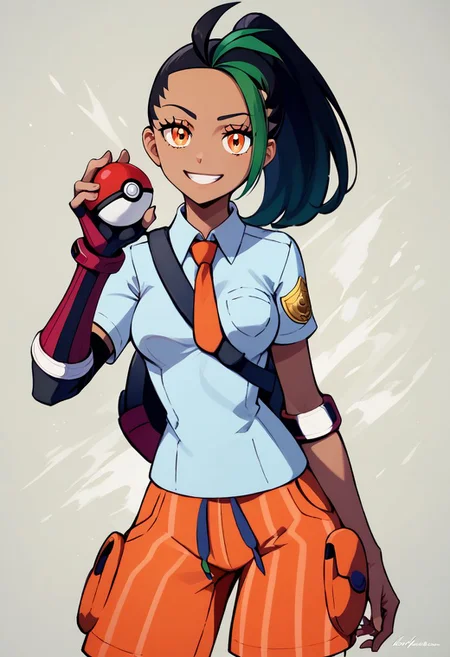 score_9, score_8_up, score_8, medium breasts, (curvy), cute, eyelashes,     
rating safe, 
BREAK,
holding pokeball, 
Nemona \(Pokemon\), black hair, green hair, orange eyes, dark skin, multicolored hair, two-tone hair, hair pulled back, collared shirt, single fingerless glove, orange shorts, backpack, 
BREAK,
smile, looking at viewer, 
abstract background,  
zPDXL,