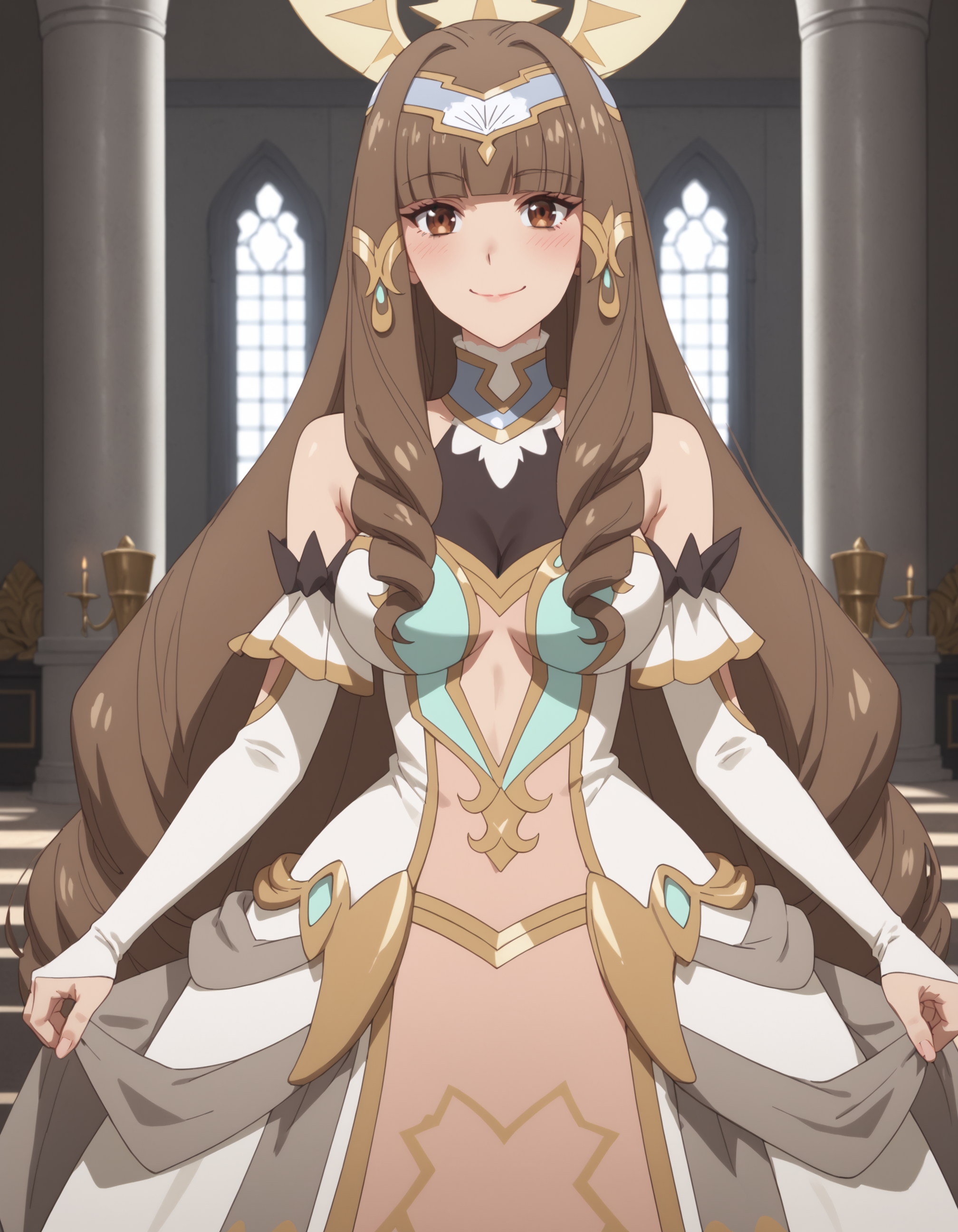score_9, score_8_up, score_7_up, score_6_up, score_5_up, score_4_up, masterpiece, best quality, very aesthetic, absurdres
BREAK
elizabeth_olis, 1girl, solo, brown hair, drill sidelocks, very long hair, brown eyes, gown, circlet, hair tubes, high collar, see-through cleavage, elbow gloves, looking at viewer, blush, smile, closed mouth, cowboy shot
BREAK
throne room, throne, column, window, day
<lora:elizabeth_Lv2karaCheat_ponyxl_v01:1>