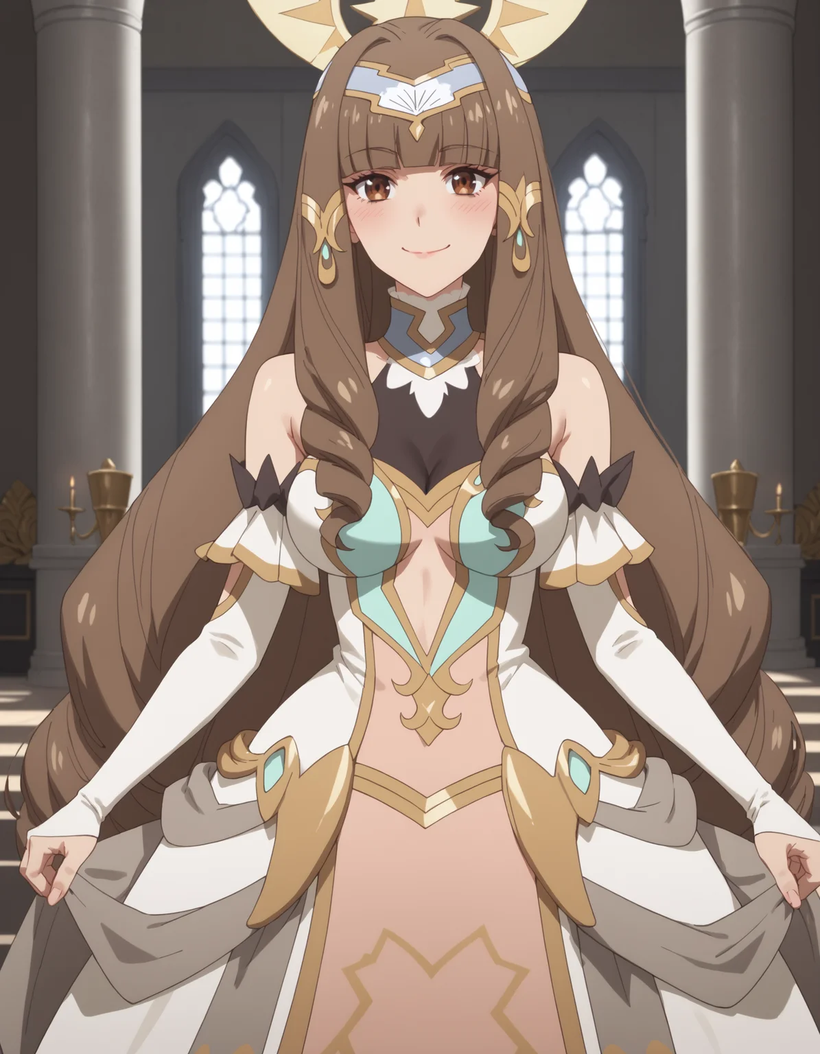 score_9, score_8_up, score_7_up, score_6_up, score_5_up, score_4_up, masterpiece, best quality, very aesthetic, absurdres
BREAK
elizabeth_olis, 1girl, solo, brown hair, drill sidelocks, very long hair, brown eyes, gown, circlet, hair tubes, high collar, see-through cleavage, elbow gloves, looking at viewer, blush, smile, closed mouth, cowboy shot
BREAK
throne room, throne, column, window, day
<lora:elizabeth_Lv2karaCheat_ponyxl_v01:1>