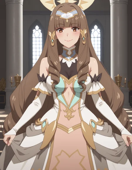 score_9, score_8_up, score_7_up, score_6_up, score_5_up, score_4_up, masterpiece, best quality, very aesthetic, absurdres
BREAK
elizabeth_olis, 1girl, solo, brown hair, drill sidelocks, very long hair, brown eyes, gown, circlet, hair tubes, high collar, see-through cleavage, elbow gloves, looking at viewer, blush, smile, closed mouth, cowboy shot
BREAK
throne room, throne, column, window, day
<lora:elizabeth_Lv2karaCheat_ponyxl_v01:1>