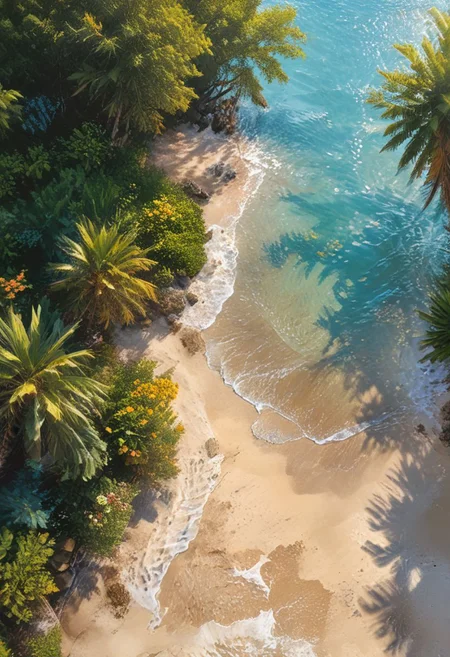 A breathtaking panoramic view of the Andaman Beach, its serene blue waters stretching as far as the eye can see, merging seamlessly with the cerulean sky above. The golden sandy shore is lined with an abundance of lush green palm trees, their fronds swaying gently in the warm ocean breeze. A narrow strip of soft, powdery sand invites you to take a leisurely stroll, feel the grains of sand slipping through your toes, or simply lie back and soak up the sun's rays.
The gentle waves caress the shore, creating a soothing soundtrack to this tropical paradise. In the distance, one can see the verdant hills rising up, adorned with vibrant foliage, and the occasional swaying coconut tree, casting long shadows across the landscape. The air is filled with the intoxicating scent of the salty ocean and the heady fragrance of exotic flowers, creating an aura of calm and serenity that is truly unparalleled.
