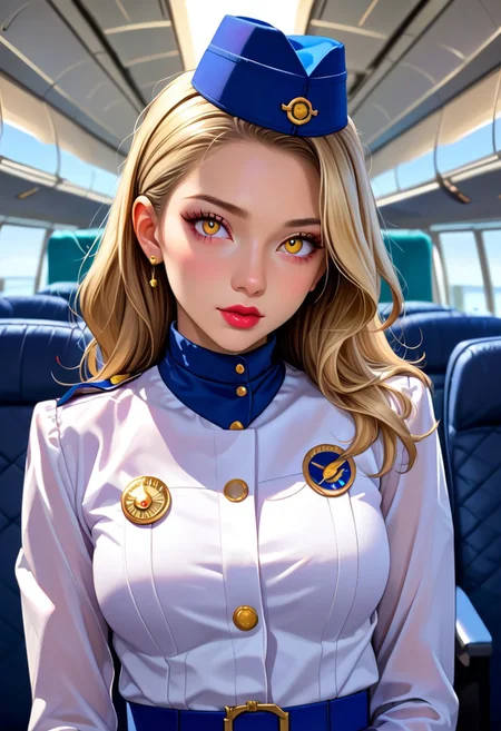 score_9, score_8_up, score_7_up, source_anime, highly detailed,
1 girl, 23 years old,
margaretp4, blonde hair, long hair, yellow eyes, big breasts,
cabin crew, blue skirt, uniform, white shirt, miniskirt, stewardess hat, pantyhose, black pantyhose, high heels, lipstick,
airport, lounges, standing, From front.