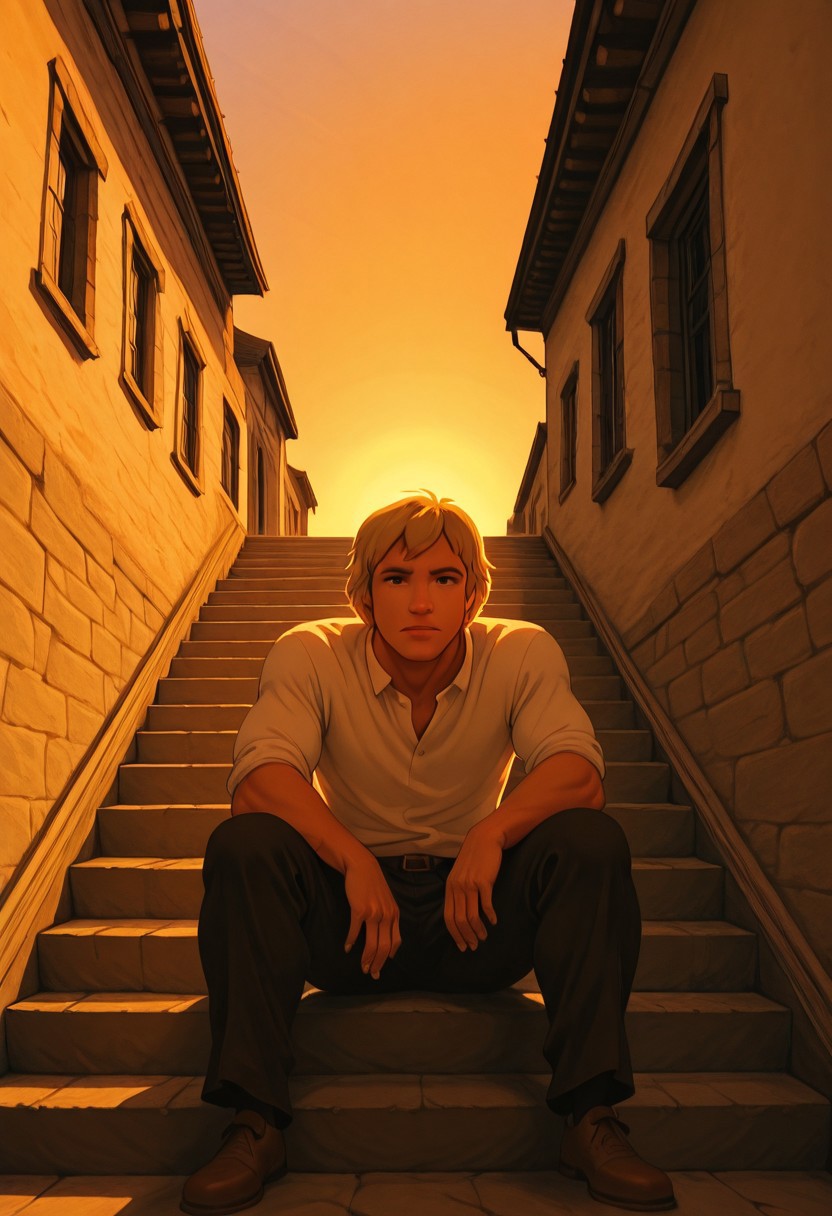 1boy, solo, toldi_miklos, piercing brown eyes, clear eyes, strict eyes, strong muscular toned body, manly, strong male, alfa male, light tanned skin, messy shoulder-length blonde hair, chad male, charismatic male, male focus, masterpiece, best quality, highly detailed, scannery, masterpiece, best quality, amazing quality, very aesthetic, absurdres, dynamic pose, dynamic angle, ultra-detailed, highly detailed, cinematic lighting, realistic shading, intricate details, soft lighting, high contrast, depth of field, male focus, sitting alone on the steps of a big house, looking dejected and introspective, sunset lighting, retro-modern plastic architecture around him,