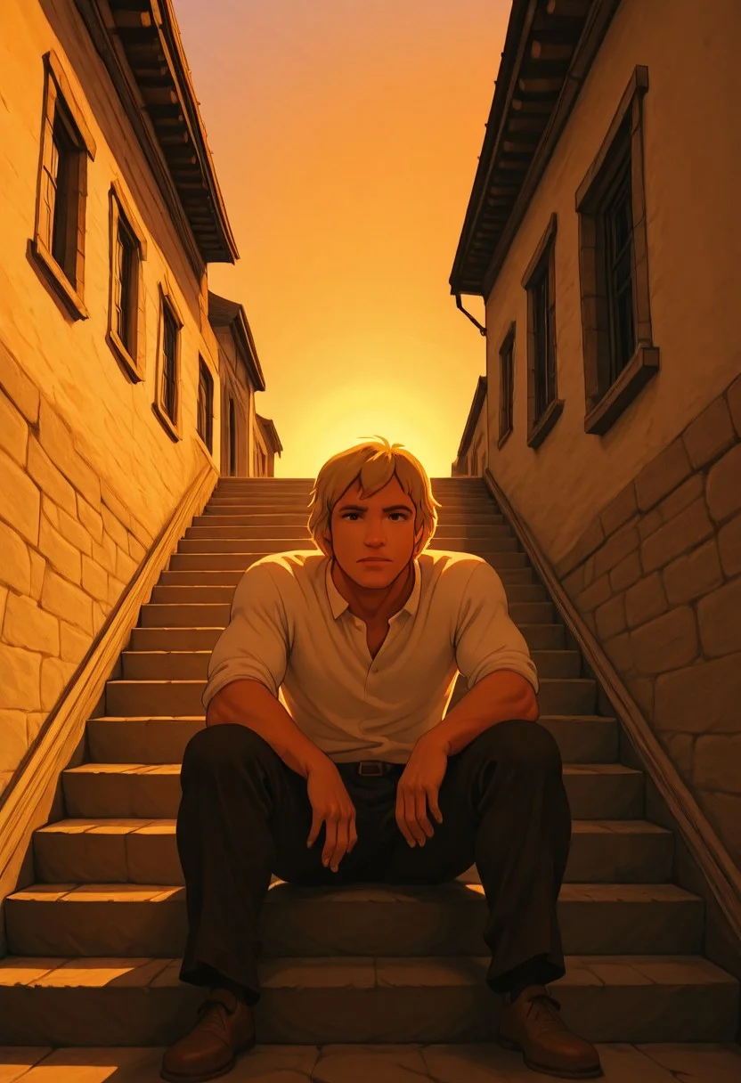 1boy, solo, toldi_miklos, piercing brown eyes, clear eyes, strict eyes, strong muscular toned body, manly, strong male, alfa male, light tanned skin, messy shoulder-length blonde hair, chad male, charismatic male, male focus, masterpiece, best quality, highly detailed, scannery, masterpiece, best quality, amazing quality, very aesthetic, absurdres, dynamic pose, dynamic angle, ultra-detailed, highly detailed, cinematic lighting, realistic shading, intricate details, soft lighting, high contrast, depth of field, male focus, sitting alone on the steps of a big house, looking dejected and introspective, sunset lighting, retro-modern plastic architecture around him,