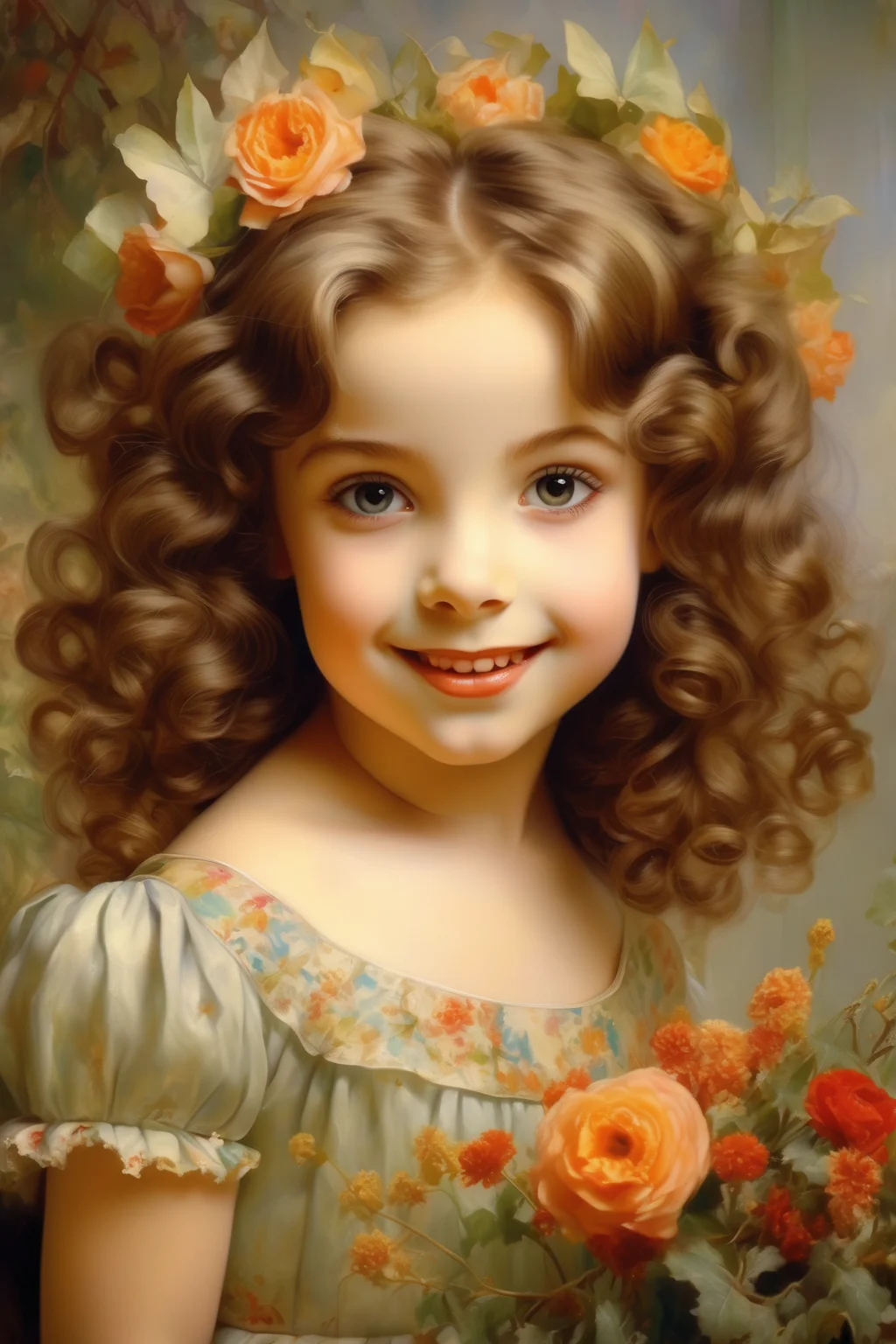 <lora:Sophie Gengembre Anderson Style:1>Sophie Gengembre Anderson Style - style of margaret brundage, cheerful, happy, girl 6 years old symmetrical, very detailed eyes, beautiful lips, beautiful hairstyle floral background, clearly drawn lines, fairy house fantasy style with magic glow, Emile Munier stil, Alberto Vargas stil, Ultra realistic photorealistic no text