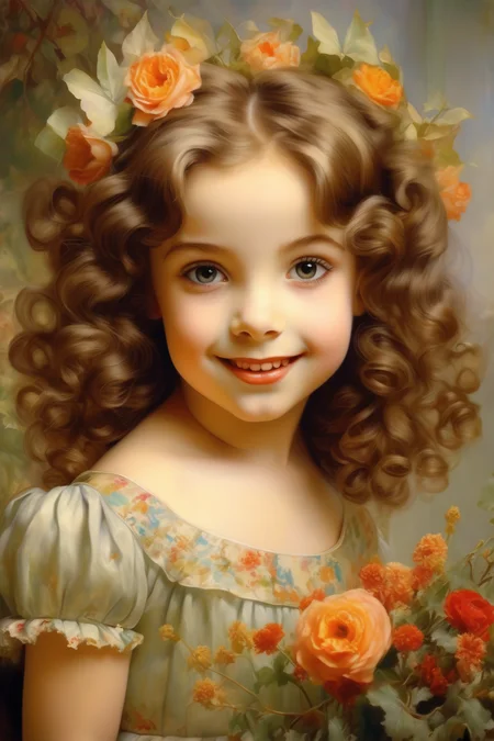 <lora:Sophie Gengembre Anderson Style:1>Sophie Gengembre Anderson Style - style of margaret brundage, cheerful, happy, girl 6 years old symmetrical, very detailed eyes, beautiful lips, beautiful hairstyle floral background, clearly drawn lines, fairy house fantasy style with magic glow, Emile Munier stil, Alberto Vargas stil, Ultra realistic photorealistic no text