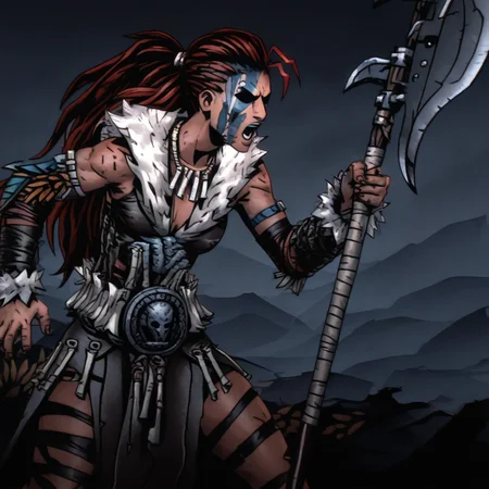 masterpiece, best quality, newest, absurdres, highres, anime, anime style, HellionDD-Il.V1.0, jewelry, necklace, red hair, armor, leather armor, fur coat, red hair, tribal, clevage, black eyes, shaded eyes,