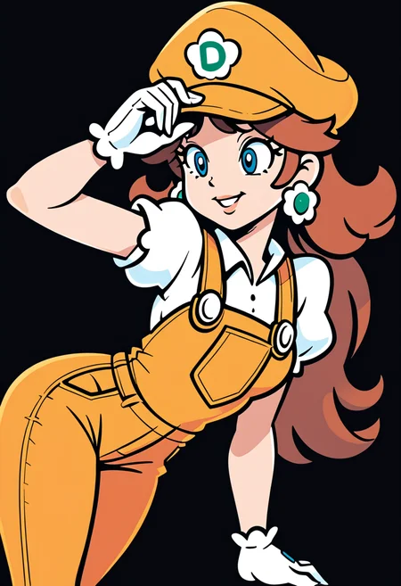 score_9, score_8_up, score_7_up, princess daisy, solo, breasts, (yellow d cap, orange overalls:1.2), rating safe, white gloves, official Nintendo artwork, black background, simple background