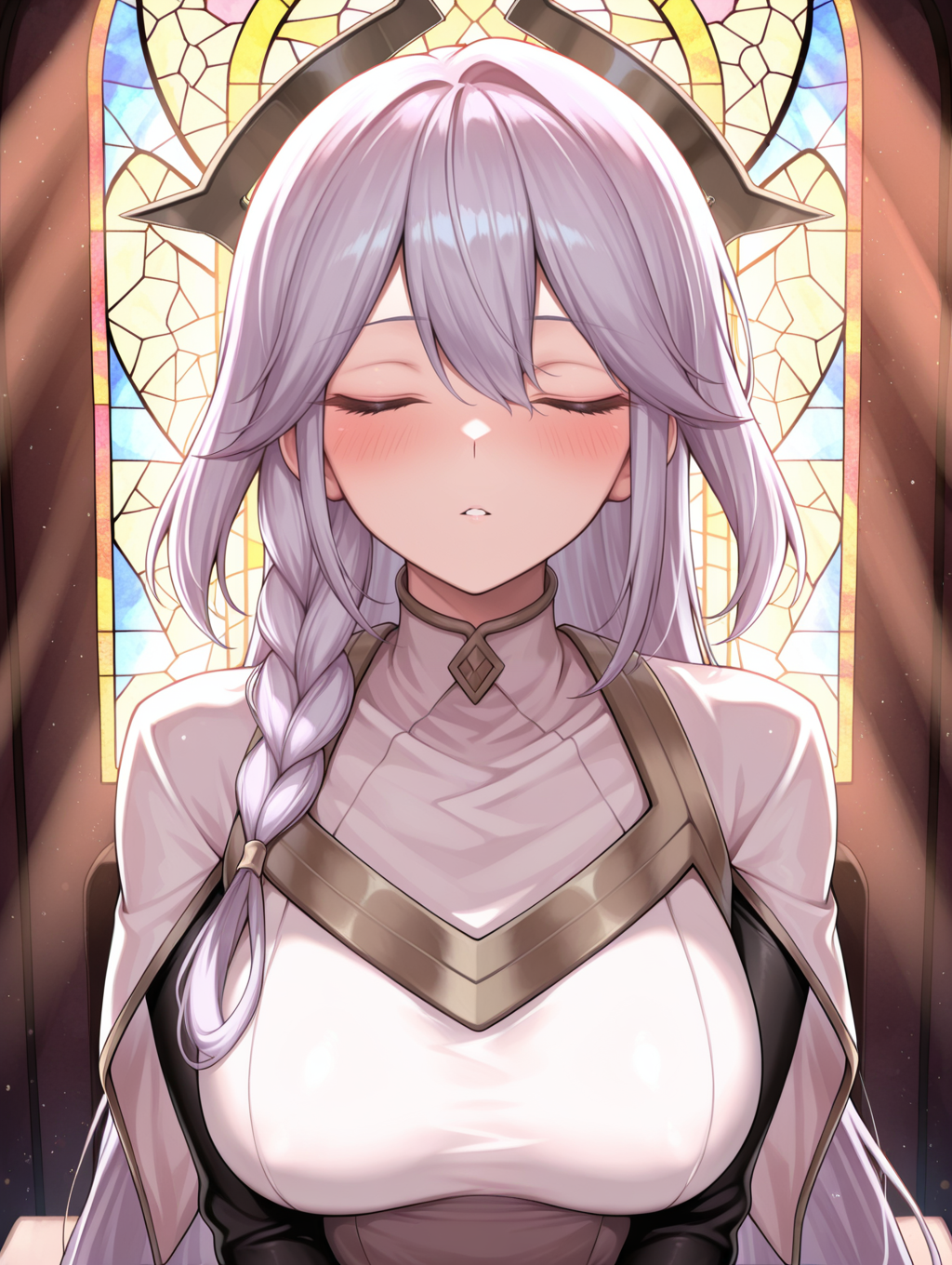 stained glass,dogmatika fleurdelis,1girl,solo,large breasts,upper body,from above,parted lips,blush,white dress,white capelet,black bodystocking,light rays,black hair ornament,closed eyes,sitting,
masterpiece,best quality,amazing quality,very aesthetic,absurdres,newest,<lora:Dogmatika Fleurdelis & Ecclesia the Virtuous illuXL v1:0.75>,