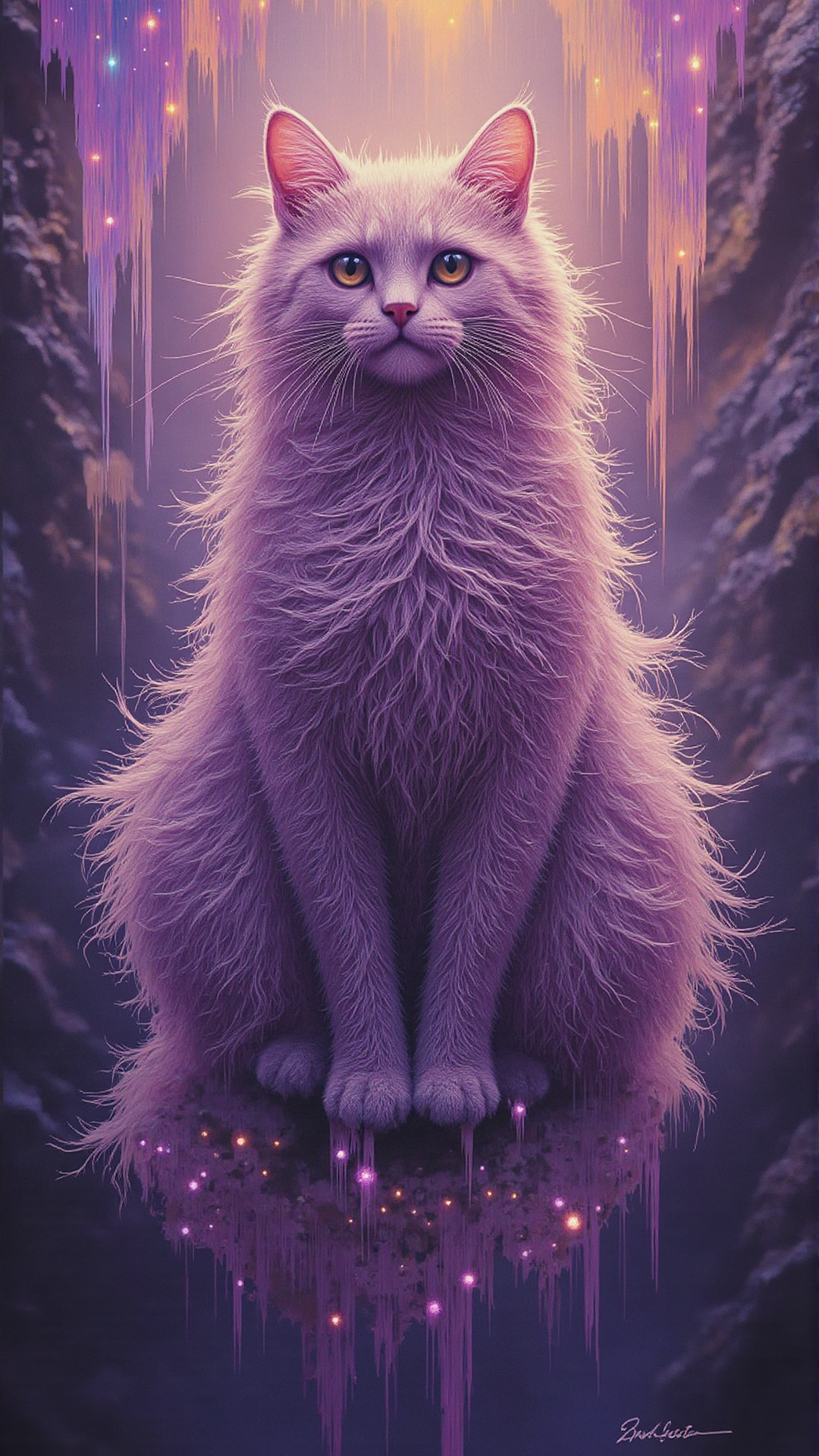 In a realm where time dissolves, a cute fluffy cat finds itself suspended within a liminal space. The air is thick with the scent of wet earth and ozone, as if the very fabric of reality is unraveling. Water droplets cling to the cat's fur, glistening like tiny jewels in the soft, golden light that filters through the veil.  Brushstrokes of vibrant, neon purple dance across the canvas, as if the paint itself has come alive. Thick, impasto textures blend seamlessly with delicate, wispy strands, evoking the sense of ephemerality and flux., <lora:Flux_Turbo_Alpha.safetensors:1.0> <lora:epic-midj.safetensors:0.7> ethereal fantasy <lora:aidmaFluxProUltra-FLUX-v0.1.safetensors:0.5> aidmafluxproultra
