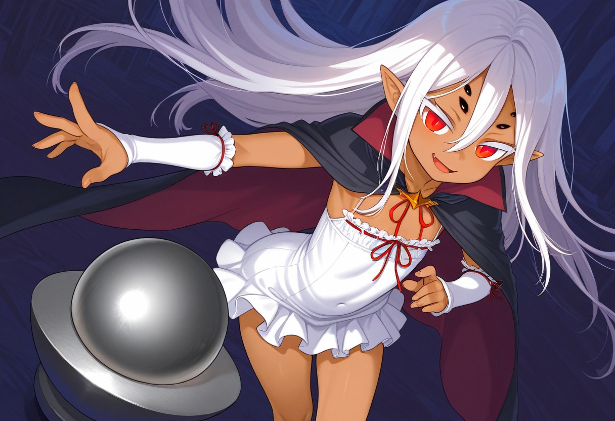 ((taimanin anemone, spider girl, dark-skinned female, expressive face, very long white hair, hair between eyes, pointy ears, red eyes, slit pupils, 6extra dark eyes, flat chest, white short dress, front chest ribbon, long black cape, white fingerless arm warmers)):1.3),
(1girl, solo),
((demon_core):1.3),
(score_9, score_8_up, score_7_up, score_6_up, masterpiece, best quality, newest, amazing quality, highres, enhanced colors, colored shadows, smooth edges, dynamic angle, wide shot, blending)