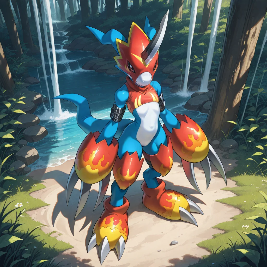absurdres,highres,masterpiece,best quality,amazing quality,IllusP0s,<lora:Dramatic Lighting Slider:2.5>,<lora:StS-Illustrious-Detail-Slider-v1.0:3>,<lora:Flamedramon:1>,fl4dr4m0n,(digimon),claws,horns,tail,blue skin,(standing:1.4),facing viewer,1boy,solo