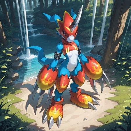 absurdres,highres,masterpiece,best quality,amazing quality,IllusP0s,<lora:Dramatic Lighting Slider:2.5>,<lora:StS-Illustrious-Detail-Slider-v1.0:3>,<lora:Flamedramon:1>,fl4dr4m0n,(digimon),claws,horns,tail,blue skin,(standing:1.4),facing viewer,1boy,solo