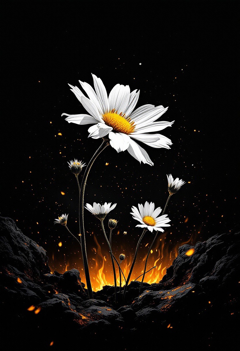 Monochromatic art inspired by John Batho and John Mckinstry, Detailed, naturalistic, realistic wildlife art, a vibrant daisy blooms amidst a fiery pit of burning brimstone, darkened landscape, warm glow on its delicate white center, abstract composition, poetic atmosphere, interplay of light, form, and texture, exercising minimalist geometry, French photographic style, exercising simplicity.