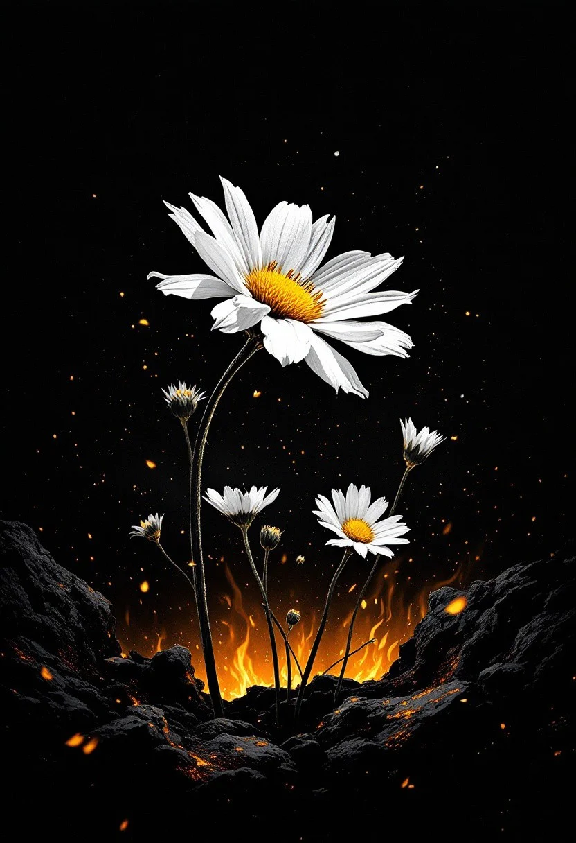 Monochromatic art inspired by John Batho and John Mckinstry, Detailed, naturalistic, realistic wildlife art, a vibrant daisy blooms amidst a fiery pit of burning brimstone, darkened landscape, warm glow on its delicate white center, abstract composition, poetic atmosphere, interplay of light, form, and texture, exercising minimalist geometry, French photographic style, exercising simplicity.