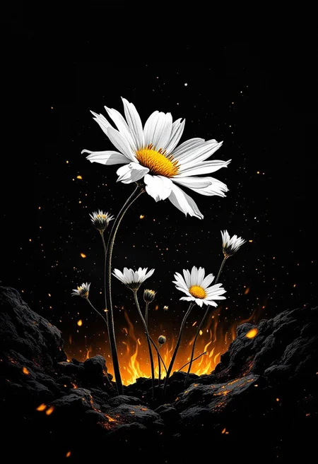 Monochromatic art inspired by John Batho and John Mckinstry, Detailed, naturalistic, realistic wildlife art, a vibrant daisy blooms amidst a fiery pit of burning brimstone, darkened landscape, warm glow on its delicate white center, abstract composition, poetic atmosphere, interplay of light, form, and texture, exercising minimalist geometry, French photographic style, exercising simplicity.