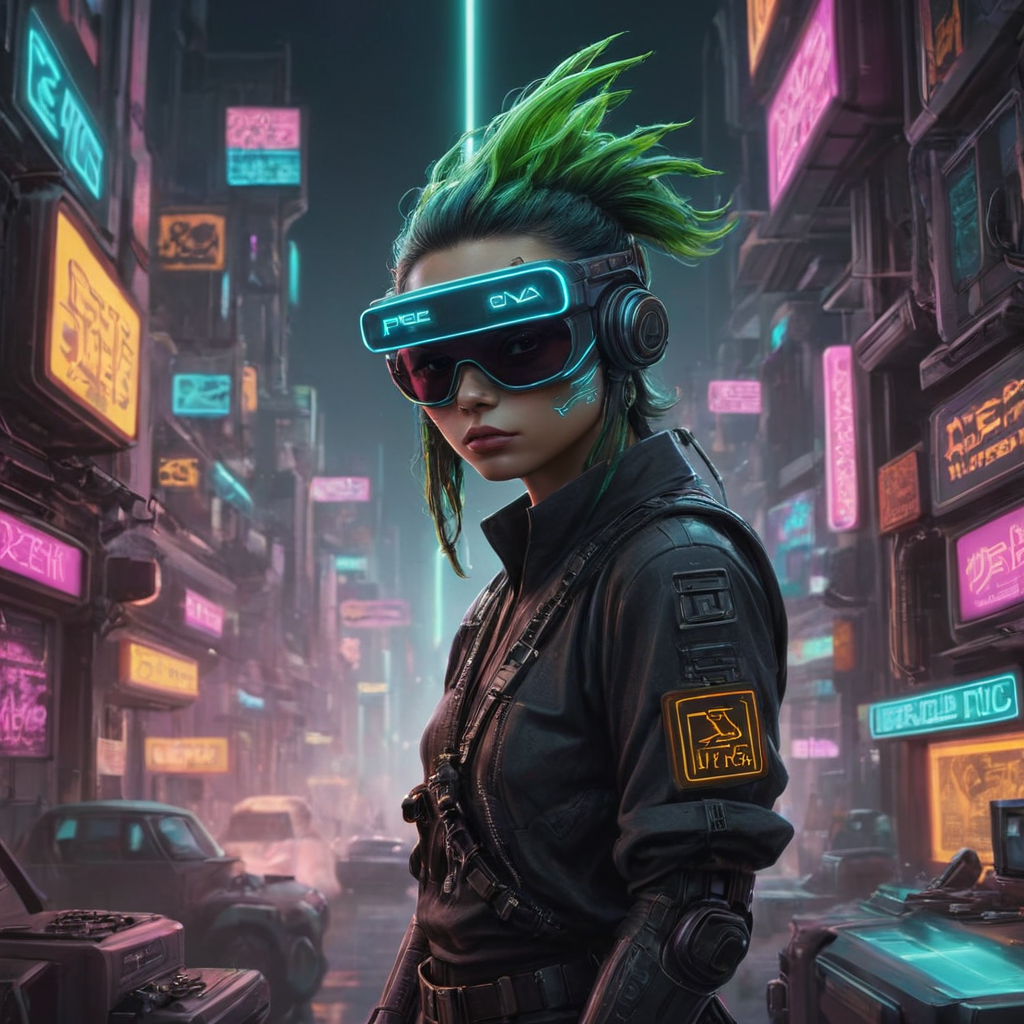 Create a digital artwork of Pepe Frog in a Cyberpunk setting. Pepe should be anthropomorphized, standing on two legs and wearing futuristic attire complete with neon accents, cybernetic implants, and high-tech accessories. The background should be a bustling Cyberpunk cityscape, filled with neon signs, towering skyscrapers, and flying vehicles. Pepe's expression should be one of cool confidence, embodying the rebellious spirit of the Cyberpunk genre. The color palette should be rich and vibrant, with a focus on neon blues, pinks, and purples. The artwork should be highly detailed, capturing the intricate designs of Pepe's outfit and the complexity of the Cyberpunk world around him <lora:pepe_frog SDXL:0.9>, <lora:sdxl_cyberpunk:0.85>,<lora:cbcity:0.25>