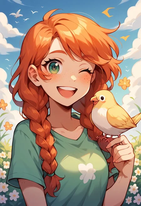 score_9, score_8_up, score_7_up, score_6_up, <lora:p3tl0v3XLP:1> p3tl0v3, 1girl, 22yo, redhead, freckles, cute smile, Flower woven braids, bird on shoulder, cockatials, kawaii, cute, winking