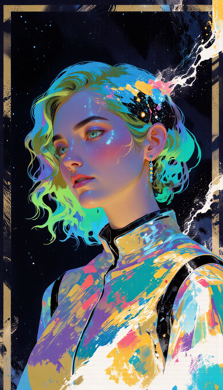pscho_4rt,mythp0rt, A vibrant digital illustration shoot from a profile camera angle about a stylized portrait of a woman with colorful, swirling hair, set against a dark, starry background. the image also shows a cosmic theme and vibrant colors. on the middle of the image, a young woman who appears to be in her early twenties, with light skin and curly, multicolored hair, is facing the viewer with her eyes looking to the side. she has a serene expression and is wearing a futuristic, metallic outfit with earrings. her hair is wavy and colorful, with streaks of light emanating from it, creating a sense of energy and vibrancy. the woman's eyes are large and expressive, with a mix of blue and green hues. her body is slim, and she is wearing the outfit with a high collar.  1girl, solo, long hair, looking at viewer, closed mouth, jewelry, yellow eyes, earrings, green hair, colored skin, profile, glowing, science fiction, portrait, glowing eyes  camera_angle: profile, art_style: digital illustration, location: space, background: dark with stars, text: NA, distance_to_camera: upper body, clothing: futuristic outfit, image_composition: middle, pants: NA;NA, accessory: earrings;earrings, shoes: none, action: facing viewer;facing viewer, eye_direction: looking to side, facial_expression: serene;colorful, gender: 1woman, hair_color: green and blue;color: rainbow;blue, hair style: curly;curly, race: light skin;light skin, body: slim