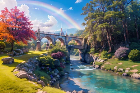 (Realistic:1.5) EdobFairyTaleLandscape, rainbow, bush, cliff, church, bridge, nature, river, sun, water, grass, <lora:EdobFairyTaleLandscape_v1.0:0.8>