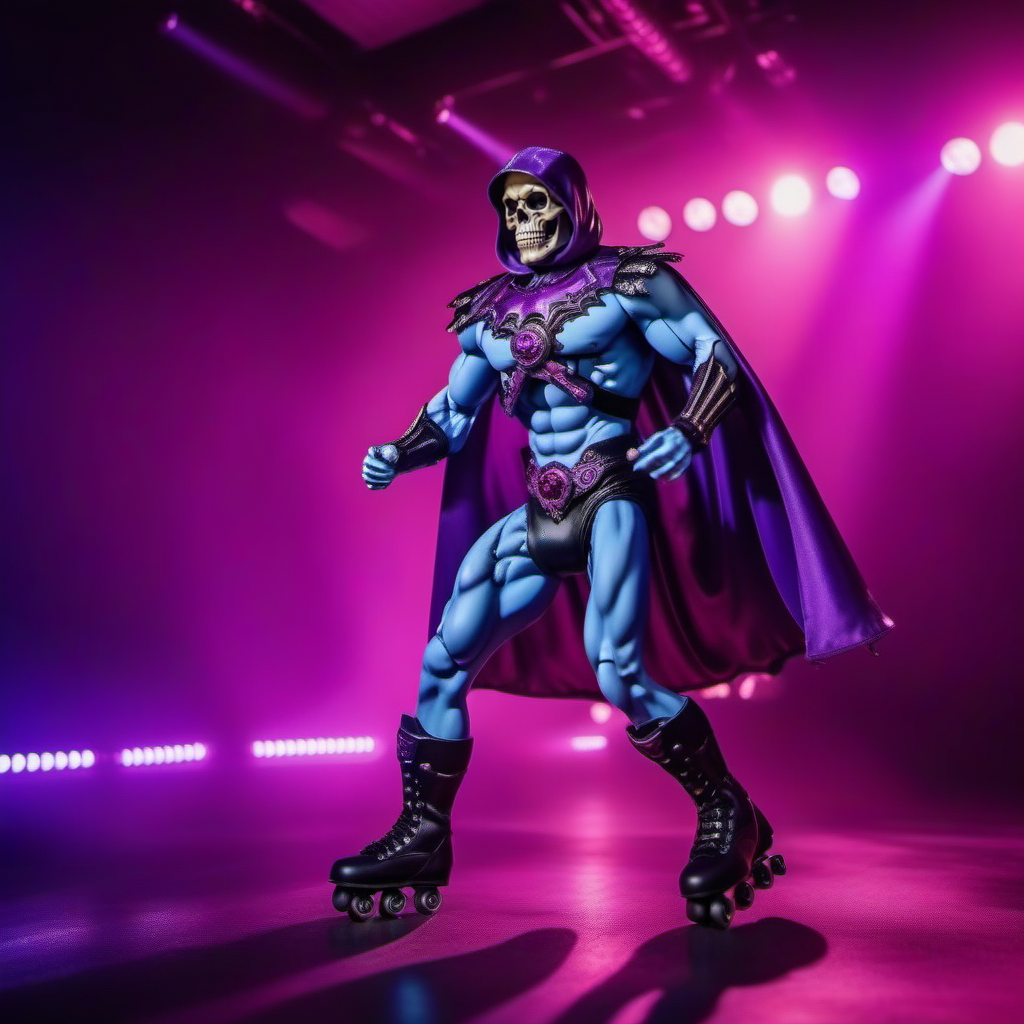 cinematic photo a full body muscular man, skeleton face, purple cape, rollerblading in a disco ring <lora:Skeletor1024-000190:0.8> . 35mm photograph, film, bokeh, professional, 4k, highly detailed
