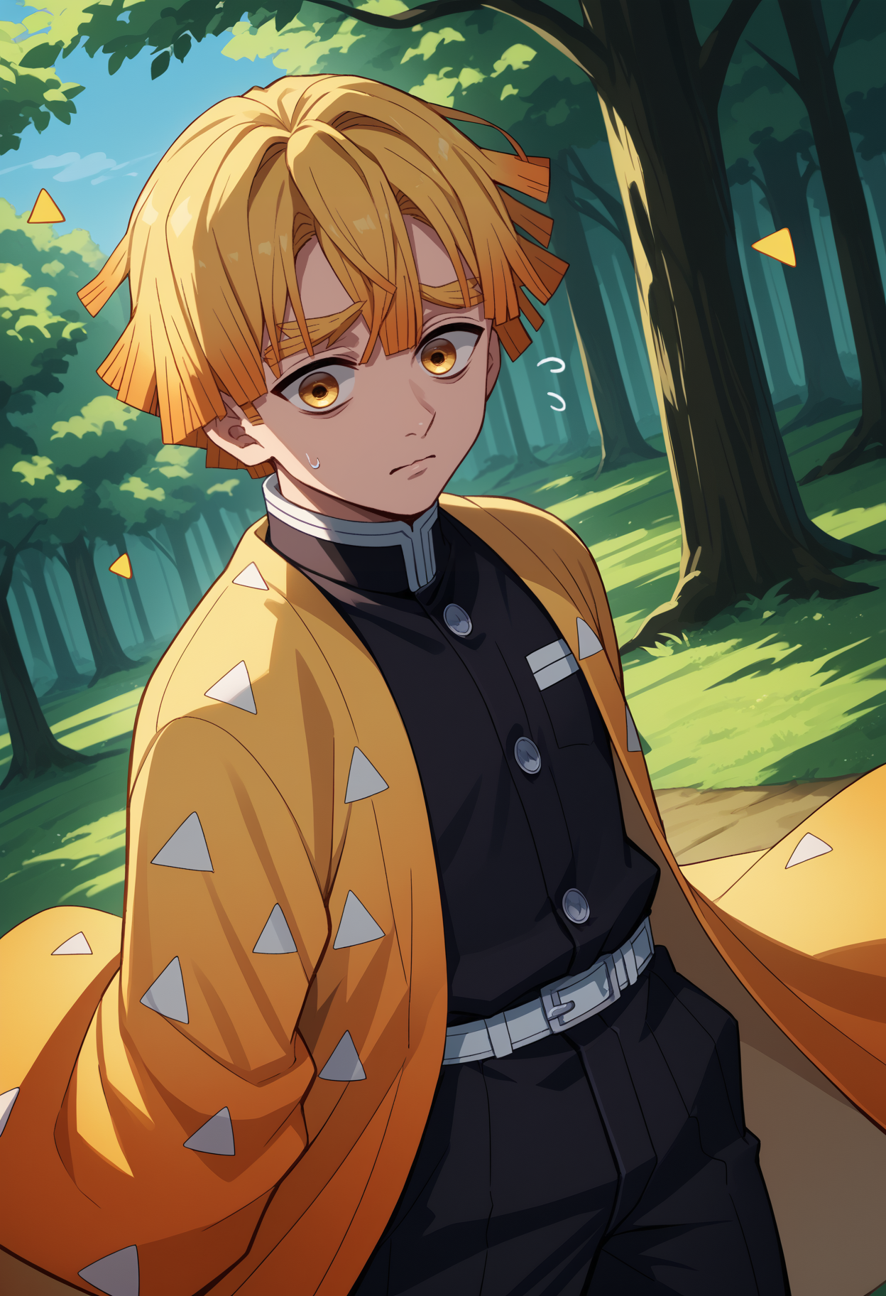 score_9, score_8_up, score_7_up, source_anime, <break> solo, male focus, 1boy, zen1tsuag4tsuma, nervous, looking at you, standing, arms at sides, flying sweatdrops, short hair, blonde hair, yellow eyes, thick eyebrows, demon slayer uniform, japanese clothes, haori, triangle print, black jacket, long sleeves, black pants, outdoors, forest
<segment:yolo-face_yolov8m.pt,0.4,0.5//cid=1>