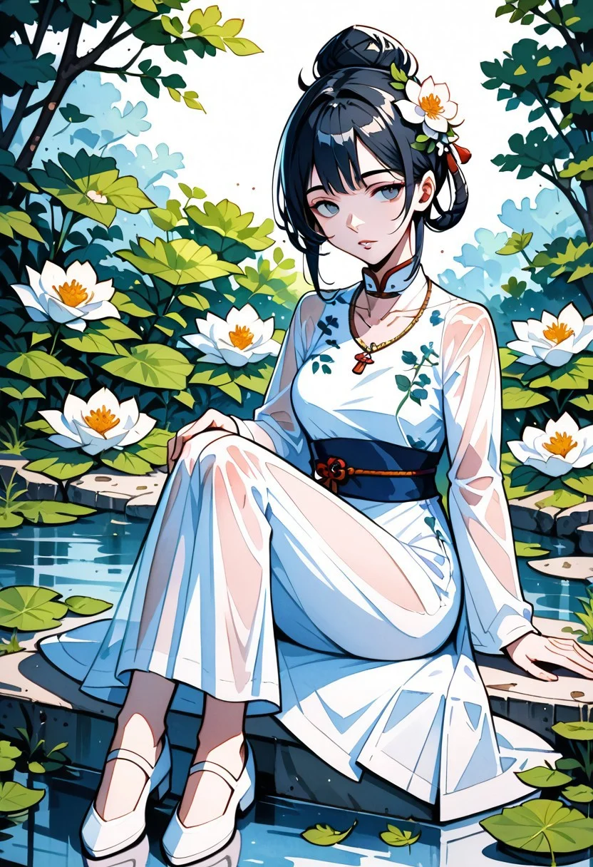 score_9,score_8_up,score_7_up,WATERCOLOR,1girl,solo,looking at viewer,black hair,long sleeves,hair ornament,dress,jewelry,sitting,full body,flower,parted lips,shoes,hair flower,white dress,necklace,hair bun,water,see-through,sash,leaf,chinese clothes,white footwear,floral print,white flower,plant,reflection,hair rings,hanfu,