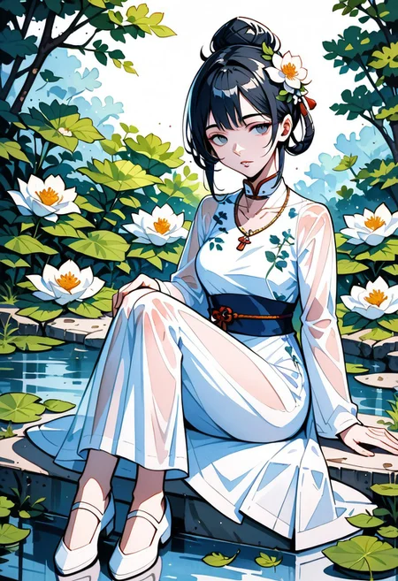 score_9,score_8_up,score_7_up,WATERCOLOR,1girl,solo,looking at viewer,black hair,long sleeves,hair ornament,dress,jewelry,sitting,full body,flower,parted lips,shoes,hair flower,white dress,necklace,hair bun,water,see-through,sash,leaf,chinese clothes,white footwear,floral print,white flower,plant,reflection,hair rings,hanfu,