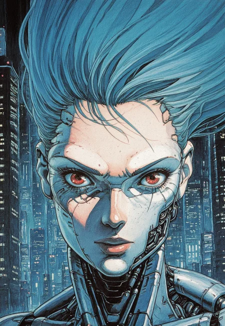 retro game art, traditional media, detailed texture, marker (medium), 1girl, solo, cyberpunk, cyborg, city, neon, portrait, masterpiece, detailed, dynamic, knva, action,