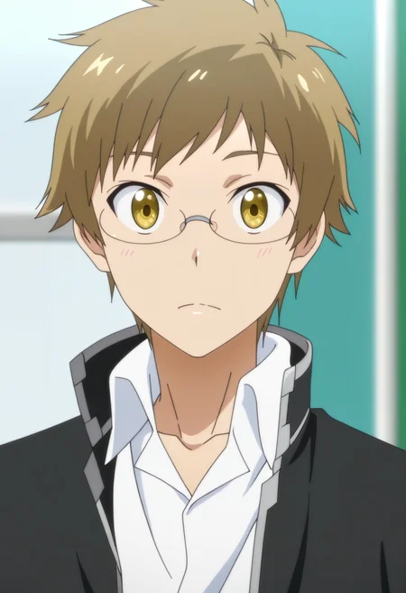 masterpiece, best quality, very aesthetic, high resolution, ultra-detailed, absurdres, depth of field, anime screencap , , , 1boy, solo, male focus,  <lora:maiko_shuu:0.89>, shuu maiko, brown hair, yellow eyes, short hair, glasses, looking at viewer, jacket, school uniform, collared shirt, white shirt