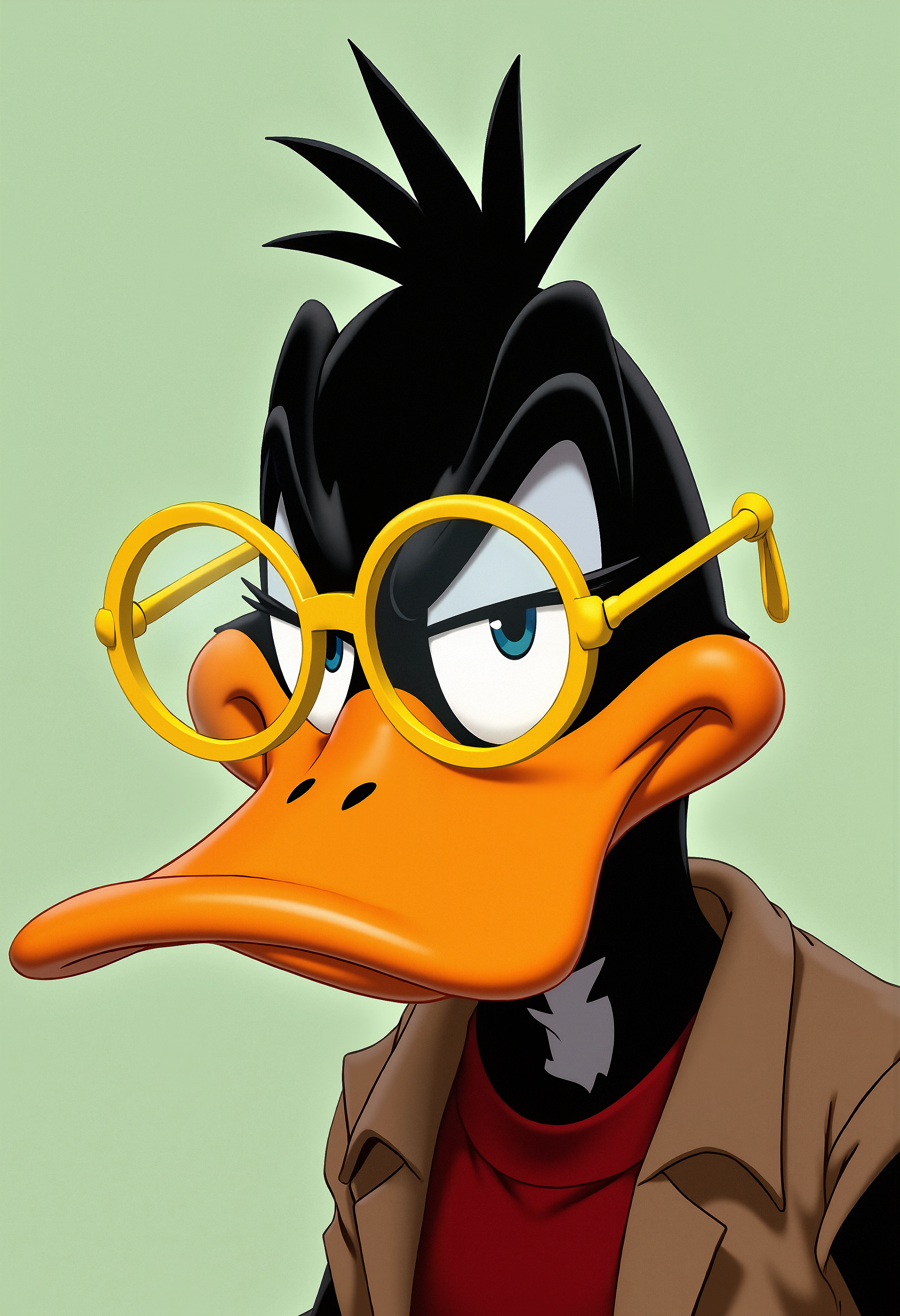 A close-up of Daffy Duck from Looney Tunes, wearing large, round yellow glasses with translucent lenses. His eyes are half-closed, giving a bored and unimpressed expression. His beak is large, orange, and slightly curved downward. Daffy Duck is dressed in a brown jacket with a high-collared red shirt underneath. The background is a simple, flat, light green surface with no additional details. The lighting is soft, with no visible shadows, creating a flat, cartoonish style.   <lora:FluxMythP0rtr4itStyle:0.8> MythP0rt, <lora:aidmaImageUpgrader-FLUX-V0.1:0.33> detailmaximizer,