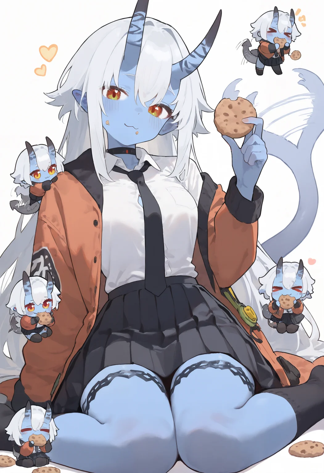 masterpiece, highres, absurdres, newest, very awa, highly detailed, intricate, detailed clothes, perfect hands, detailed hands, 1girl, (chibi inset:1.2), solo, soukaku \(zenless zone zero\), oni, blue skin horns, very long tail, demon tail, jacket, white shirt, partially unbuttoned, black necktie, pleated skirt, black skirt, black choker, (tail wagging, motion lines:1.2), sitting, wariza, eating, =_=, :3, cookie, holding food, simple background, looking at viewer,