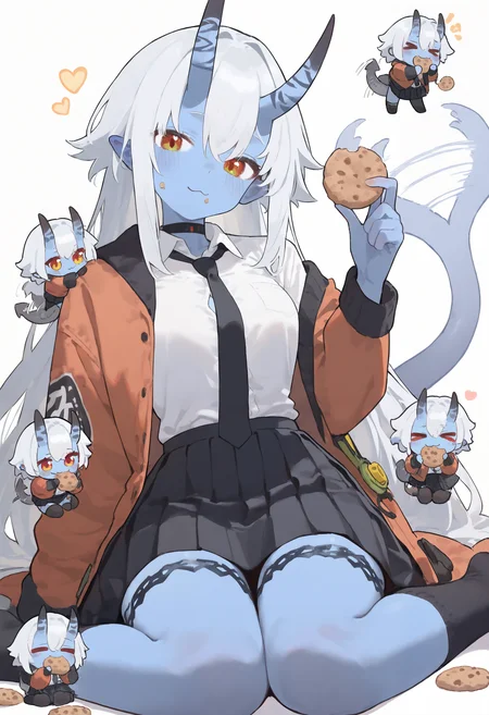 masterpiece, highres, absurdres, newest, very awa, highly detailed, intricate, detailed clothes, perfect hands, detailed hands, 1girl, (chibi inset:1.2), solo, soukaku \(zenless zone zero\), oni, blue skin horns, very long tail, demon tail, jacket, white shirt, partially unbuttoned, black necktie, pleated skirt, black skirt, black choker, (tail wagging, motion lines:1.2), sitting, wariza, eating, =_=, :3, cookie, holding food, simple background, looking at viewer,