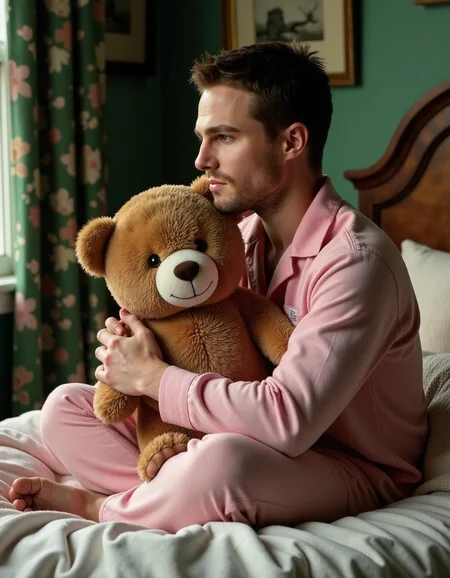 <lora:stephenamell:1> stephenamell dressed in pajamas sits on the bed hugging a teddy bear. cozy old-fashioned room