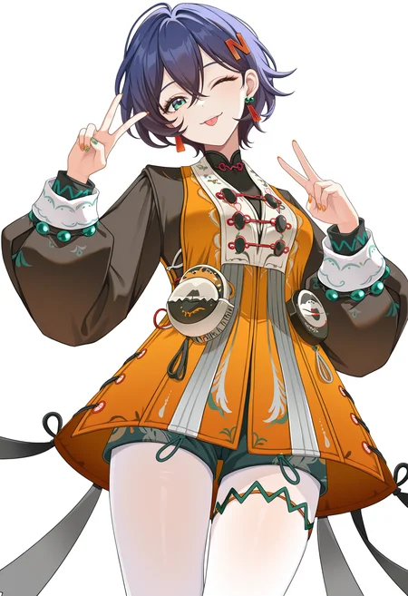 <lora:belle_illustrious-000038:1>,
belle \(delicate_daylight\),belle,solo,orange nails,looking at viewer,long sleeves,smile,closed mouth,crossed bangs,chinese clothes,earrings,cowboy shot,jewelry,thigh strap,nail polish,orange jacket,white_background,nail polish,white pantyhose,teeth,colorful nails,head tilt,wink,tongue out,v,