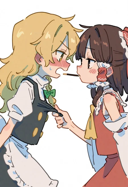 masterpiece, best quality, good quality, very awa, firedotinc,
touhou, hakurei reimu, kirisame marisa, 2girls, ascot, black vest, blonde hair, (blush:0.8), bow, brown hair, clothes grab, collared shirt, detached sleeves, eye contact, food, food in mouth, frilled bow, frilled hair tubes, frills, green ribbon, hair bow, hair tubes, long hair, looking at another, multiple girls, neck ribbon, no headwear, open mouth, pocky, pocky in mouth, puffy short sleeves, puffy sleeves, red bow, red skirt, ribbon, shirt, short sleeves, skirt, skirt set, vest, white shirt, yellow ascot, yellow eyes, yuri, embarrassed, white background, assertive female, closed mouth,
<lora:ai_styles_collection_noob_vpred-1.0-v4.02:1>