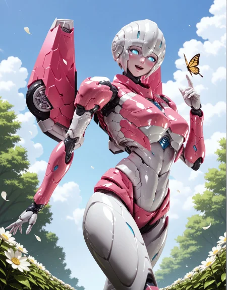masterpiece, best quality, good quality, very aesthetic, hyper detailed, digital painting, trending on ArtStation, absurdres, newest, 8K, anime screencap, detailed background, offical art, very aesthetics of fine arts, <lora:spo_sdxl_10ep_4k-data_lora_webui:1>, lazypos, <lora:Latex_MBA_style:1>, perfect anatomy, 
<lora:furaiarceeTF-IL:1>, furaiarcee\(transformers\), 1girl, mecha, blue eyes, glowing eyes, no pupils, robot, solo, autobot, science fiction, no humans, breasts, detailed body, <lora:handPatchUnet:1>, detailed_hands, elegant_fingers, (petite), cute face, blush, happy, light_smile, looking_at_viewer, open_mouth, walking, hand up, 
(from_side), outdoors, garden, day, flower, leaf, butterfly, flying petals, blue_sky, cloud, 
depth of field, bokeh, light particles, incredibly, close-up, face focus, close shot, dynamic_pose, dutch_angle