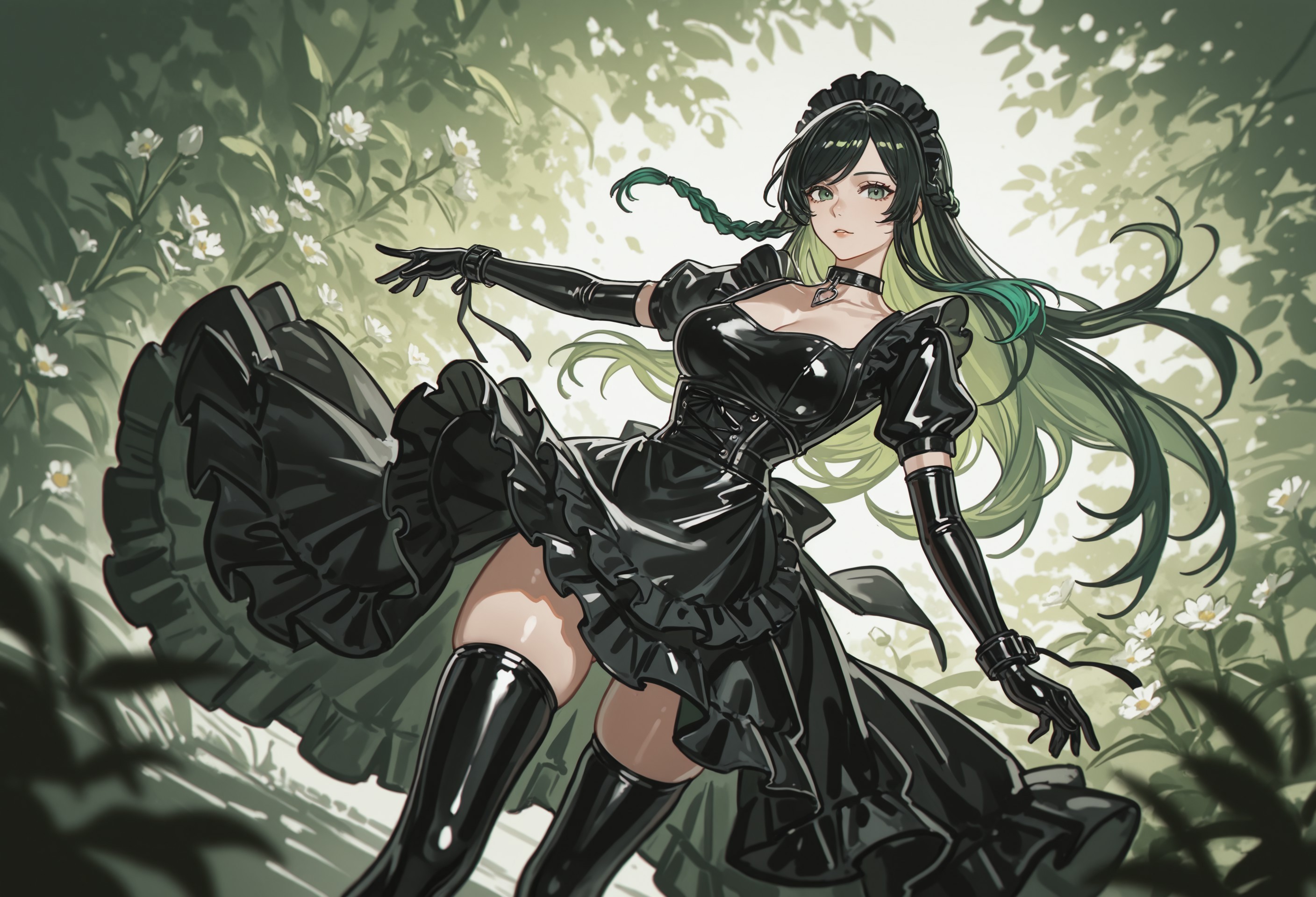 (mento:1.4), thick lineart, thick outline, highlight, painterly, shadow, (chromatic aberration:1.7), dutch angle, 
BREAK,
1girl, solo, elegant, looking at viewer, outstretched arm, floating hair, floating clothes, 
BREAK,
latex maid, long sleeves, latex elbow gloves, choker, wrist_straps, skindentation, latex thighhighs, 
BREAK, 
(aged up:1.3), two-tone hair, gradient hair, braided hair, sidelocks, swept bangs, wide hip, 
BREAK,
green theme, abstract background, blurry foreground, floral background, 
BREAK, 
lazypos, masterpiece, very aesthetic, best quality, incredibly_absurdres, absurdres, highres,