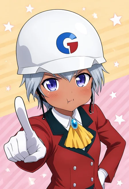 Asana Mutsuba, 1girl, solo, dark skin, short hair, grey hair, white hair, blue eyes, purple eyes, white shirt, blue brooch, red coat, yellow ascot, white gloves,
upper body, face focused,
helmet, google on helmet, google on headwear,
hand on the back, hand on behind,
blush, looking at viewer, angry, closed mouth, angry frown, chewing something, puffy cheeks, pointing at viewer, pointing, one hand on hips,
simple background, stripped background, yellow striped background, pink striped background, stars on background,