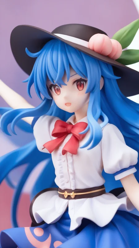 (score_9,score_8_up,score_7_up),source_anime,
<lora:Touhou_pony:1>,1girl,hinanawi_tenshi,touhou,white_shirt,peach_hat_ornament,black_hat,blue_skirt,red_bowtie,puffy_short_sleeves,collared_shirt,center_frills,